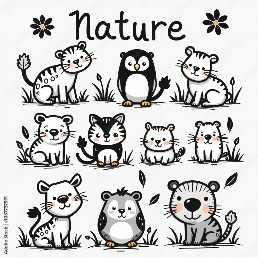 Naklejka premium Cute Animal Illustrations: Simplified Vector Line Art