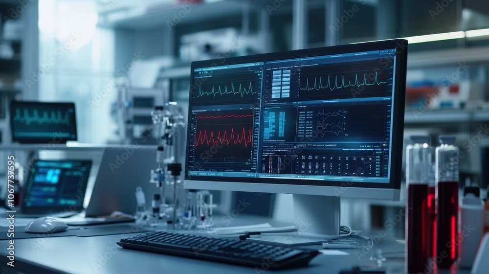 High-Resolution Laboratory Computer Screens Displaying Detailed Blood Analysis Metrics with Graphs for Hemoglobin, Glucose, and Vital Health Indicators in a Modern Medical Setting High-Resolution Laboratory Computer Screens Displaying Detailed Blood Analysis Metrics with Graphs for Hemoglobin, Glucose, and Vital Health Indicators in a Modern Medical Setting