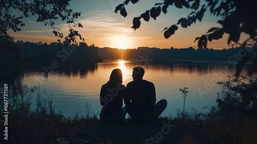 Fototapeta Naklejka Na Ścianę i Meble -  Silhouetted couple sitting together watching sunset over lake with tree branches framing romantic evening scene, copy space