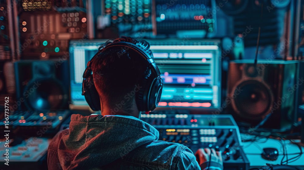 A musician working in a studio, focused on mixing tracks at night, surrounded by equipment and illuminated by colorful lights A musician working in a studio, focused on mixing tracks at night, surrounded by equipment and illuminated by colorful lights