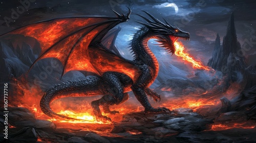 The flaming mouth of a fiery dragon against a dark sky with a full moon is set against a fiery dragon breathing fire