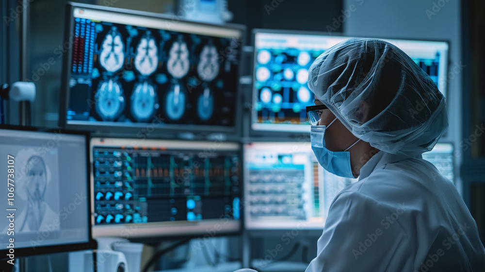 A medical professional analyzing brain scans in a high-tech diagnostic lab during night shifts, focused on patient care and advanced imaging technology for accurate assessments