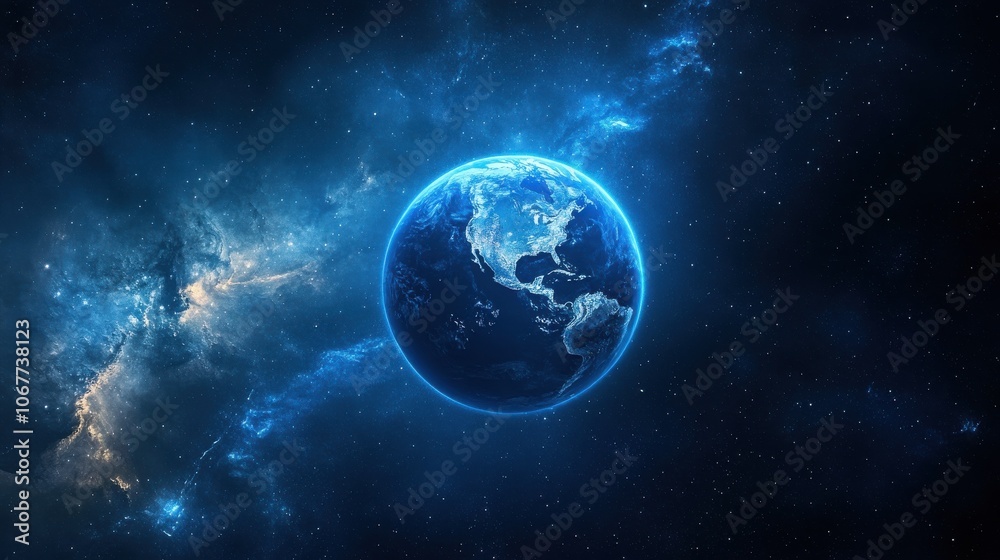 Naklejka premium Blue planet floating in space, showing continents