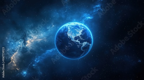 Blue planet floating in space, showing continents