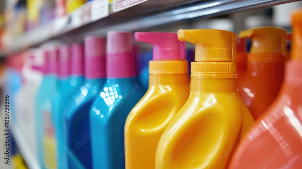 Brightly colored detergent bottles lined up on a shelf Brightly colored detergent bottles lined up on a shelf