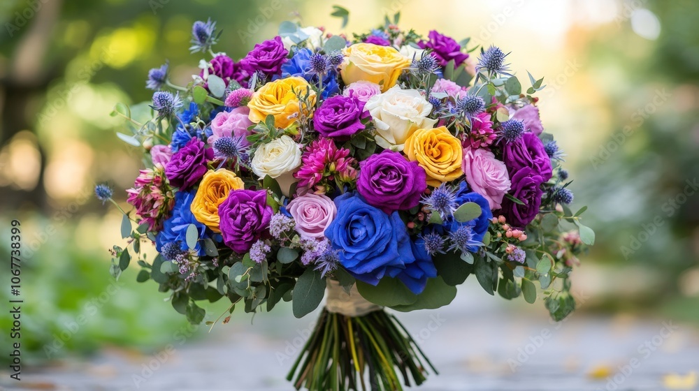 A vibrant bouquet of roses in yellow, purple, blue, and white, with greenery and blue thistles, against a blurred green background. A vibrant bouquet of roses in yellow, purple, blue, and white, with greenery and blue thistles, against a blurred green background.