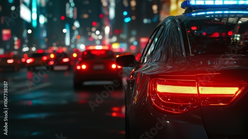 In the city at night, a police car with flashing lights is close up.