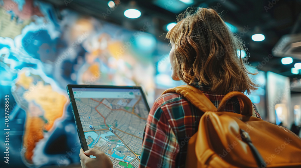 Young traveler exploring a digital map at an interactive exhibit in a modern museum during the afternoon