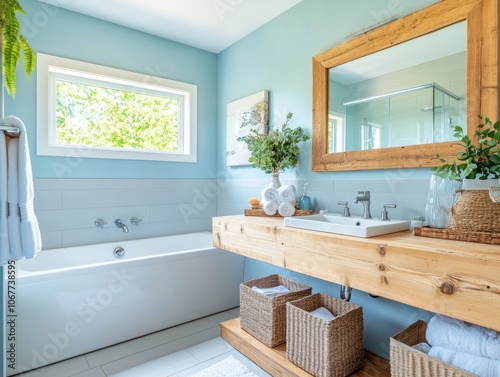 Modern Bathroom with Rustic Wooden Vanity and White Tub photo