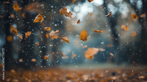 Autumn leaves dancing in wind with rain drops in blurred forest background, copy space