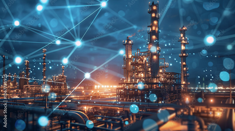 A modern oil refinery with a digital communication network at night, showcasing illuminated infrastructure and advanced technology integration for efficient operations