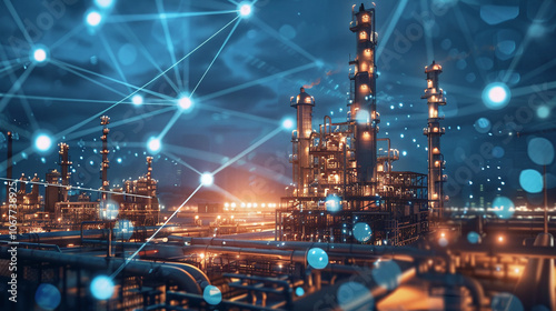 A modern oil refinery with a digital communication network at night, showcasing illuminated infrastructure and advanced technology integration for efficient operations