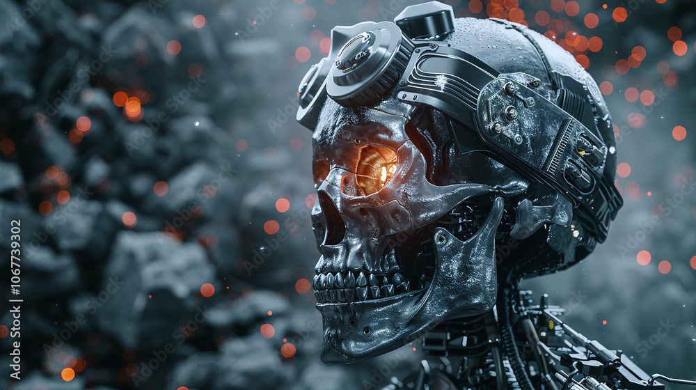 A futuristic robot skull with glowing orange eye, set against a backdrop of dark rocks and flickering embers in a sci-fi environment A futuristic robot skull with glowing orange eye, set against a backdrop of dark rocks and flickering embers in a sci-fi environment