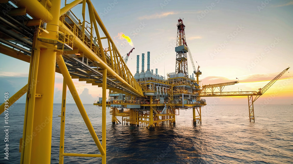 Sunset view of a large offshore oil rig with flaring gas positioned in the ocean, showcasing the structure’s intricate design and cooling towers during evening hours