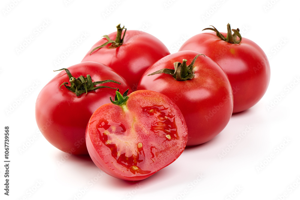 Fresh ripe tomatoes isolated on white background. Fresh ripe tomatoes isolated on white background.