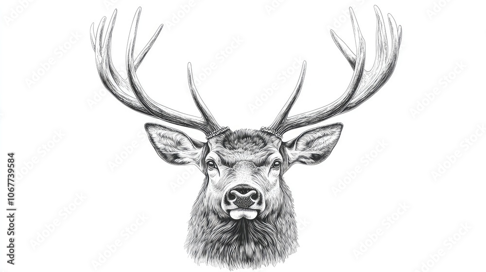 Detailed Black and White Sketch of a Majestic Deer with Large Antlers on a White Background Detailed Black and White Sketch of a Majestic Deer with Large Antlers on a White Background