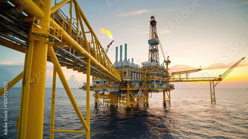 Obraz na płótnie Sunset view of a large offshore oil rig with flaring gas positioned in the ocean, showcasing the structure’s intricate design and cooling towers during evening hours w salonie