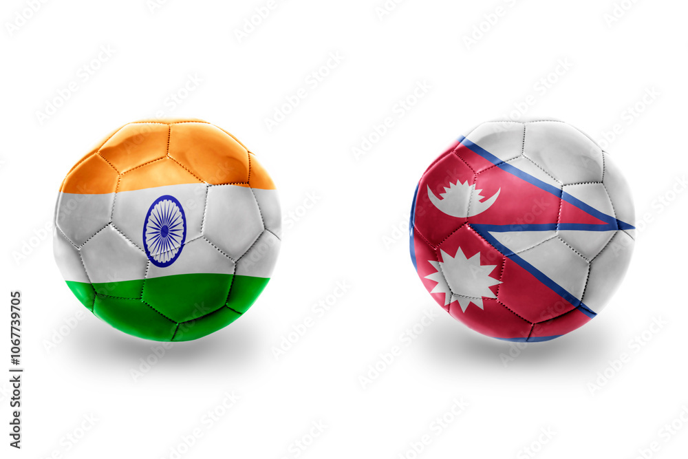 Obraz premium football balls with national flags of nepal and india,soccer teams. on the white background.