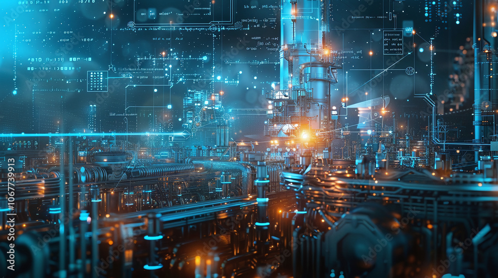 A futuristic industrial landscape featuring advanced technology and intricate systems illuminated by vibrant blue and orange lights at night A futuristic industrial landscape featuring advanced technology and intricate systems illuminated by vibrant blue and orange lights at night