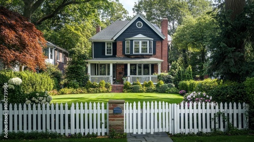 Classic suburban house with a white picket fence and well-kept lawn