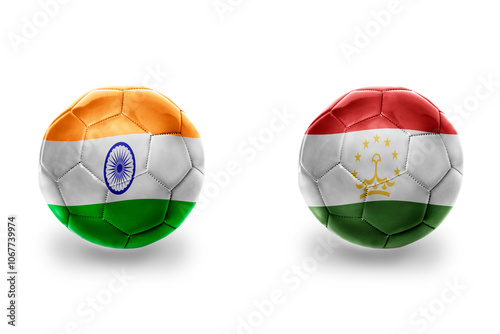 football balls with national flags of tajikistan and india,soccer teams. on the white background. photo