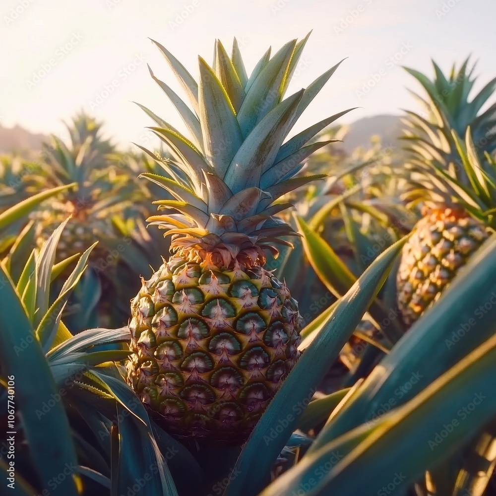 Fototapeta premium Closeup footage on a ripe pineapple fruit growth of pineapple field, on a sunny day