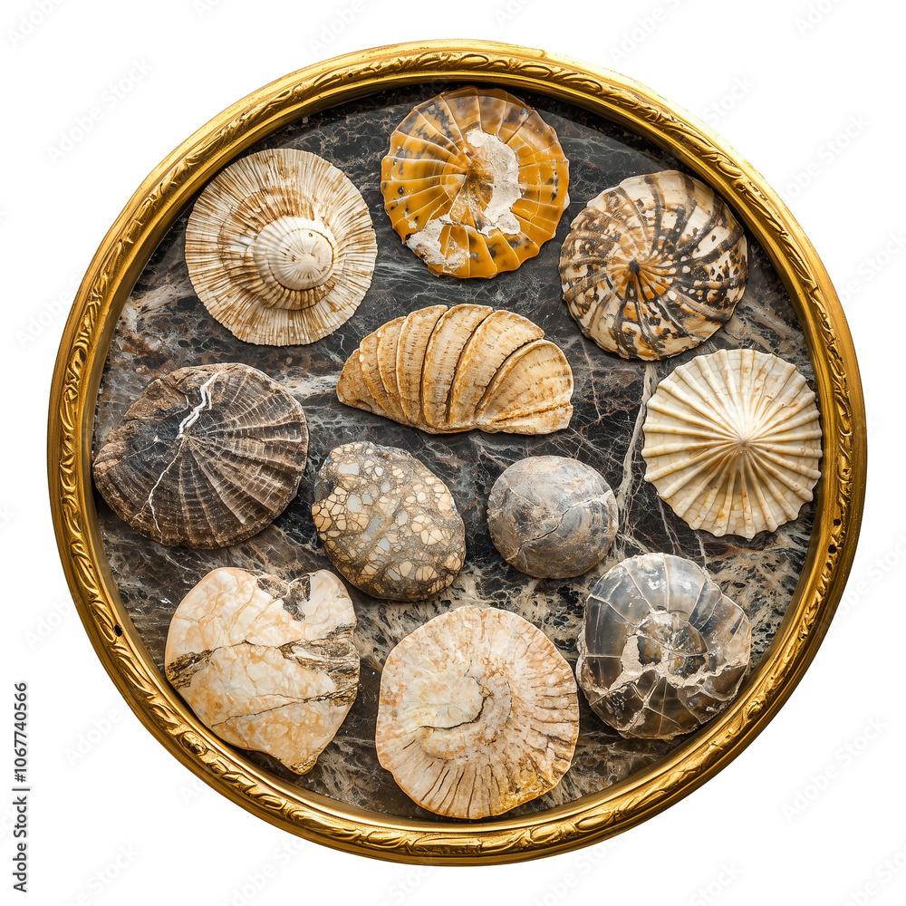 Fototapeta premium isolated golden round banner with gold frame and fossil stones inside