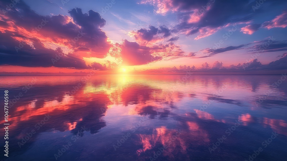 Stunning Sunset Reflection in Calm Water with Dramatic Cloudscape - High-Resolution Nature Photography for Tranquil and Majestic Themes Stunning Sunset Reflection in Calm Water with Dramatic Cloudscape - High-Resolution Nature Photography for Tranquil and Majestic Themes