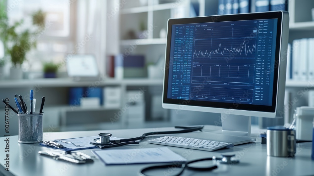 Medical Workstation with Computer Displaying Blood Test Analysis and Vital Signs Data in a Modern Healthcare Office Medical Workstation with Computer Displaying Blood Test Analysis and Vital Signs Data in a Modern Healthcare Office