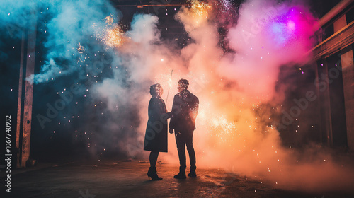 A couple stands together in an industrial setting, illuminated by colorful smoke and fireworks on a dreamy evening