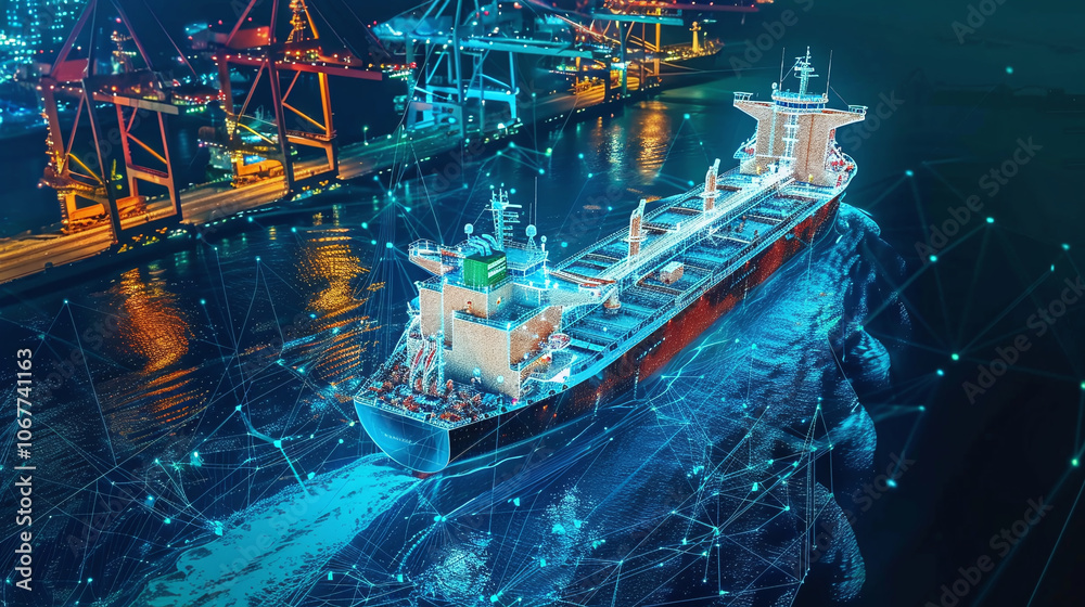 A cargo ship navigates illuminated waters near a busy shipping terminal, showcasing vibrant lights and a network of data connectivity at night A cargo ship navigates illuminated waters near a busy shipping terminal, showcasing vibrant lights and a network of data connectivity at night