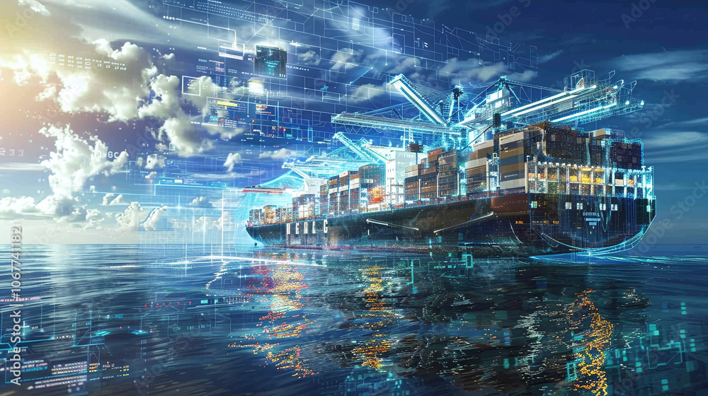 A futuristic cargo ship navigates through tranquil waters at sunset, showcasing advanced technology and sustainable transport systems while reflecting on the ocean's surface