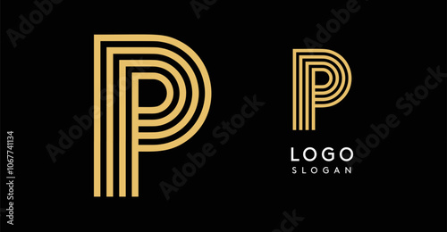 stylized golden letter P composed of concentric lines creating an elegant geometric logo on a black background