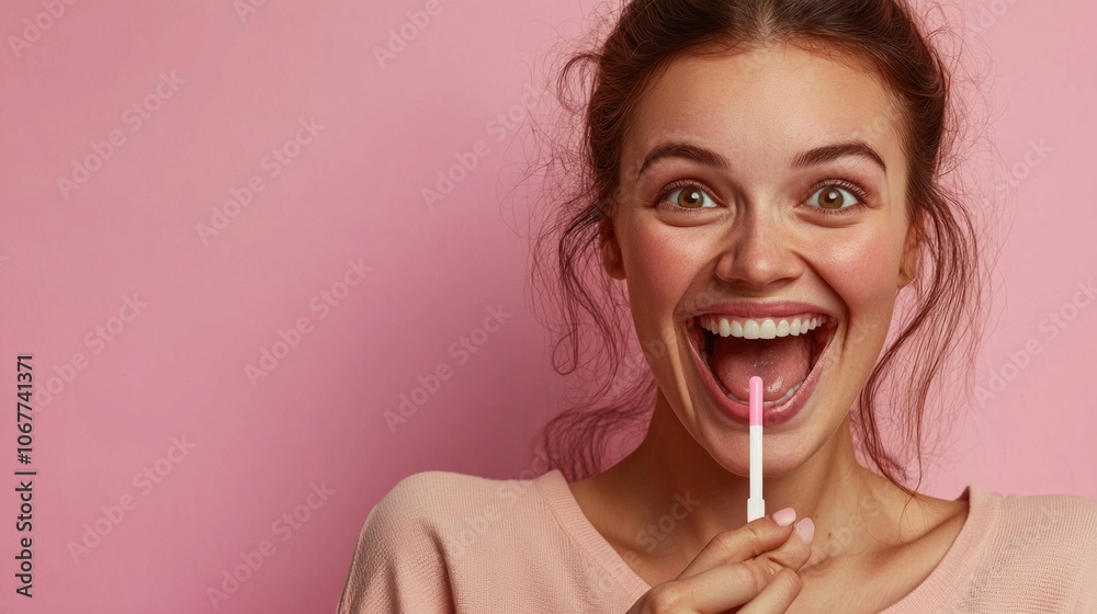 woman beams excitement holding positive pregnancy test. Her expression radiates joy and surprise as she revels moment unexpected news. woman beams excitement holding positive pregnancy test. Her expression radiates joy and surprise as she revels moment unexpected news.