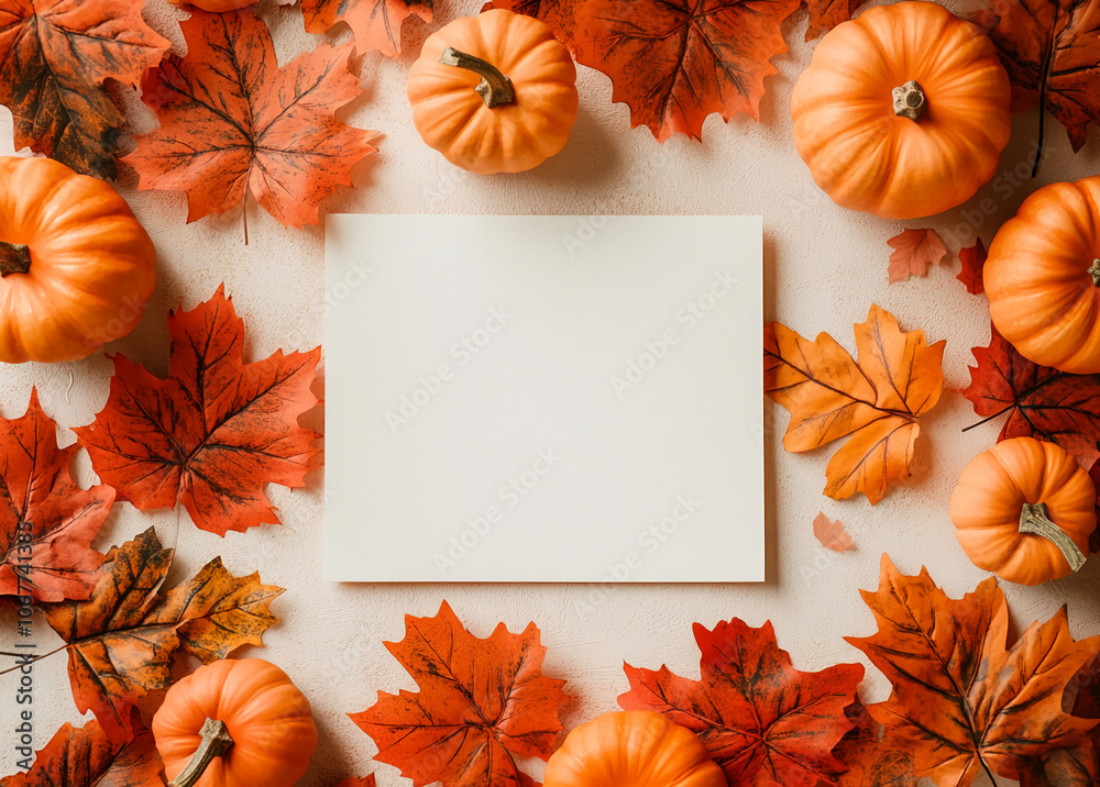 Obraz premium A blank white card surrounded by fall foliage, including pumpkins and maple leaves, perfect for a festive message