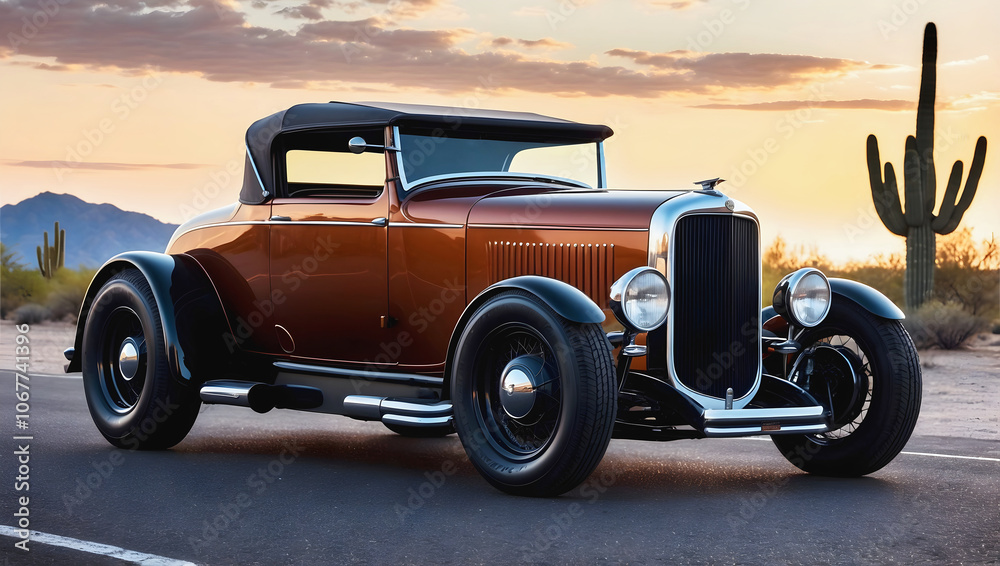 Beautiful unique vintage hot rod car driving trough desert at sunset , automotive background, tuning template, auto transport