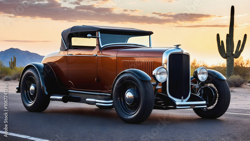 Obraz na płótnie Beautiful unique vintage hot rod car driving trough desert at sunset , automotive background, tuning template, auto transport w salonie
