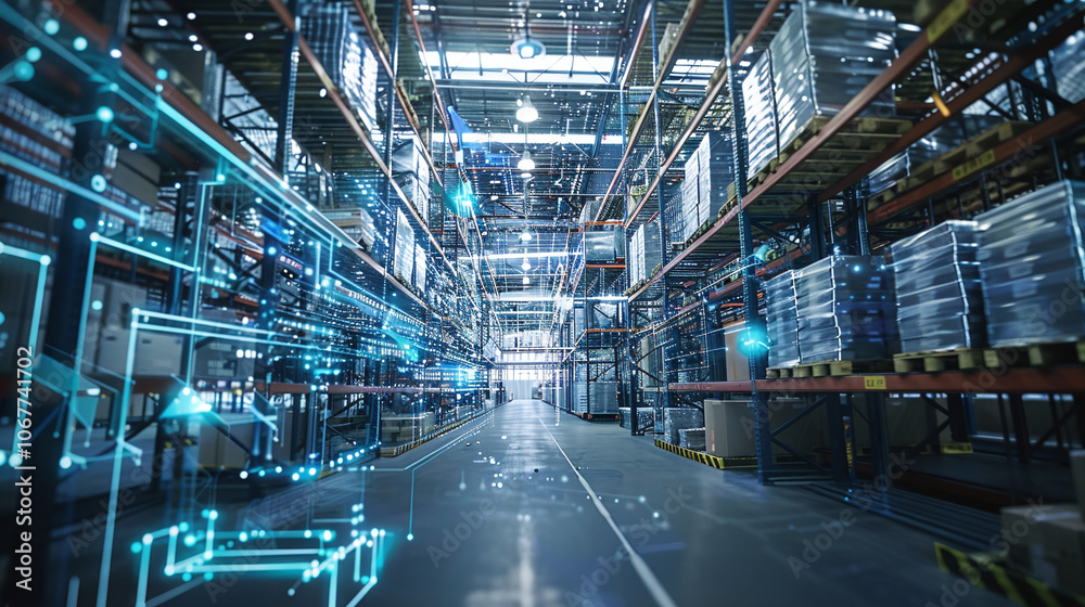 A modern warehouse showcasing advanced inventory management and automation systems, with illuminated shelves and digital interfaces in a busy logistics center