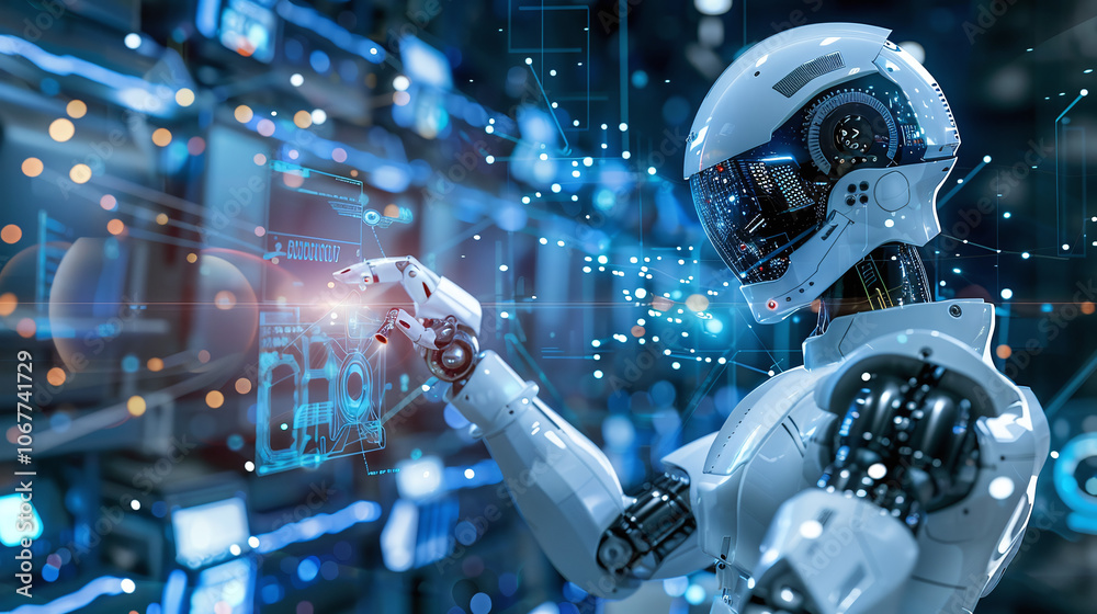 A humanoid robot interacts with digital displays in a futuristic data center, showcasing advanced technology and artificial intelligence capabilities during nighttime operations