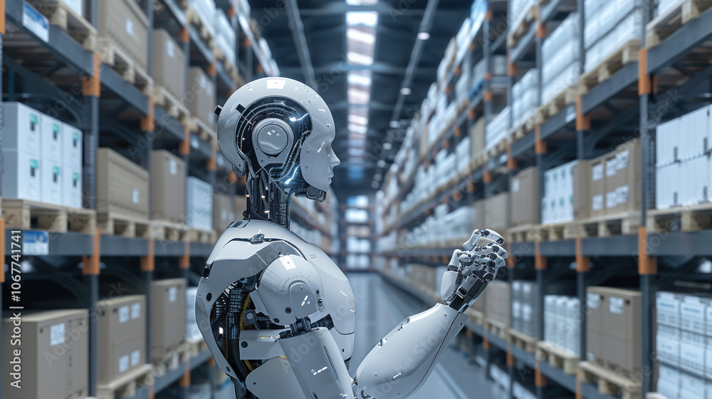 A humanoid robot stands in a modern warehouse filled with shelves of neatly stacked cardboard boxes, showcasing the integration of advanced technology in logistics A humanoid robot stands in a modern warehouse filled with shelves of neatly stacked cardboard boxes, showcasing the integration of advanced technology in logistics