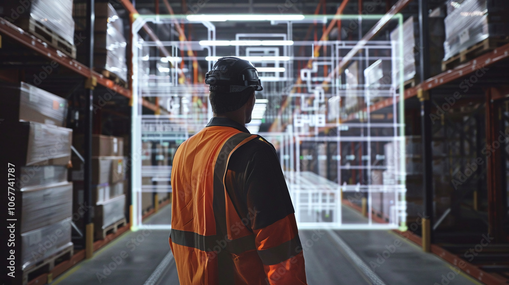 A worker in safety gear observes a digital overlay in a modern warehouse during the day, highlighting inventory and structural details A worker in safety gear observes a digital overlay in a modern warehouse during the day, highlighting inventory and structural details
