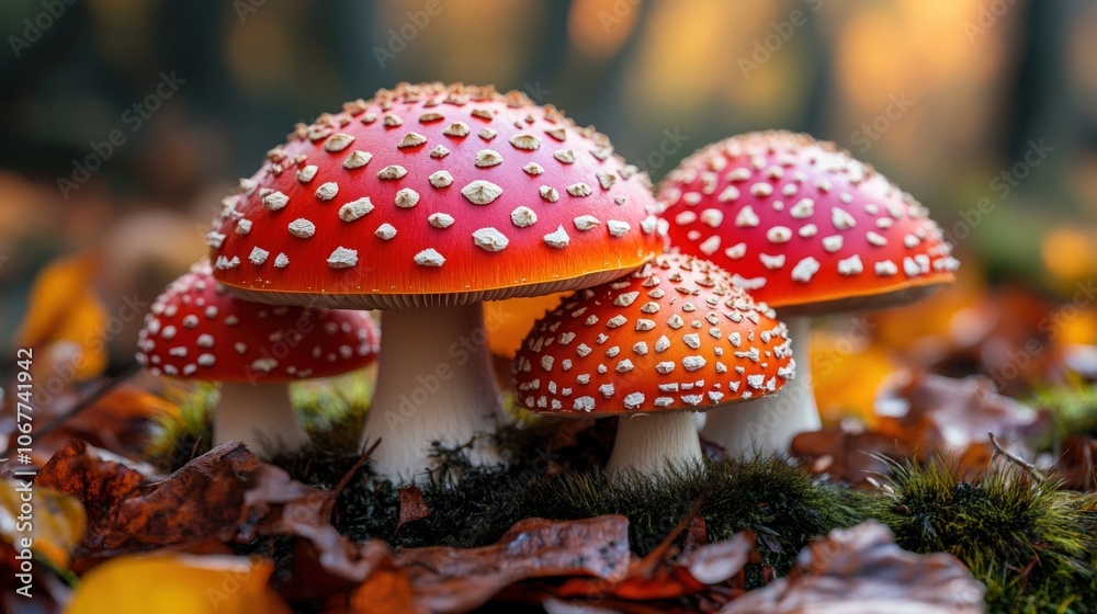 A cluster of vibrant red and white spotted Amanita muscaria mushrooms grow in a bed of autumn leaves. A cluster of vibrant red and white spotted Amanita muscaria mushrooms grow in a bed of autumn leaves.