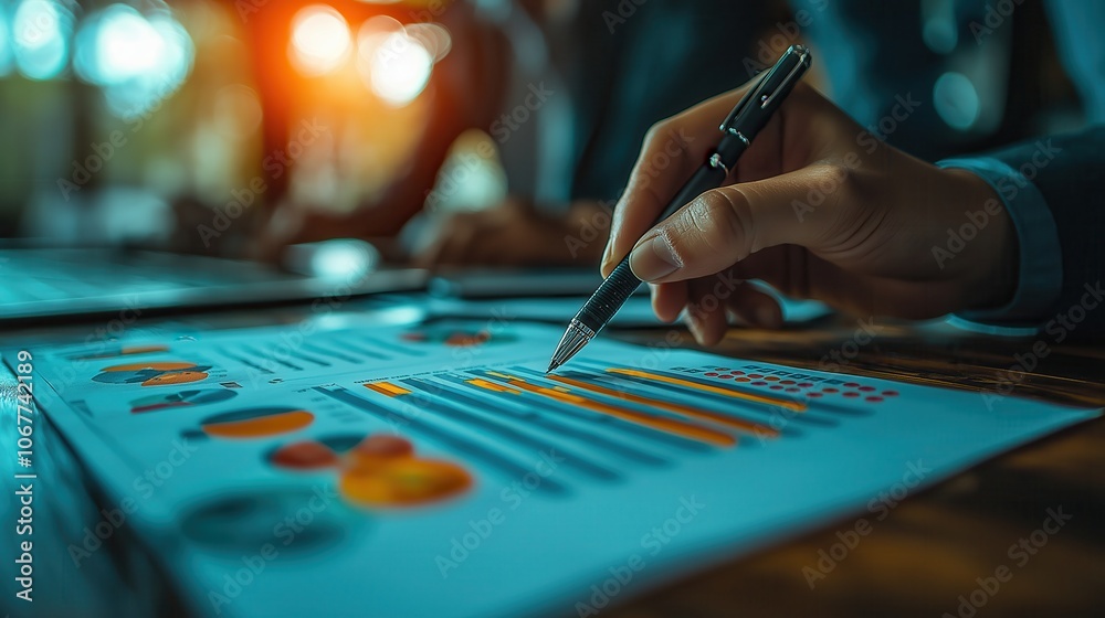 Business analysis and strategy meeting close-up of hand with pen reviewing colorful graphs and data charts in professional office setting Business analysis and strategy meeting close-up of hand with pen reviewing colorful graphs and data charts in professional office setting