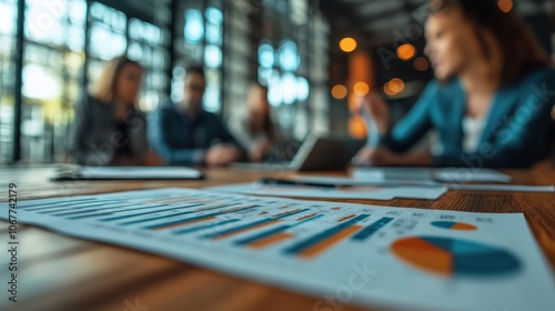 Wallpaper Mural Focused business meeting with diverse team discussing graphs and data in modern office environment with warm lighting atmosphere Torontodigital.ca