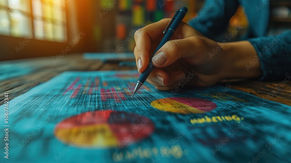 © Yalexai - Handwriting data analysis on colorful charts in office setting with warm lighting and blurred background elements for business strategy insights © Yalexai - Handwriting data analysis on colorful charts in office setting with warm lighting and blurred background elements for business strategy insights