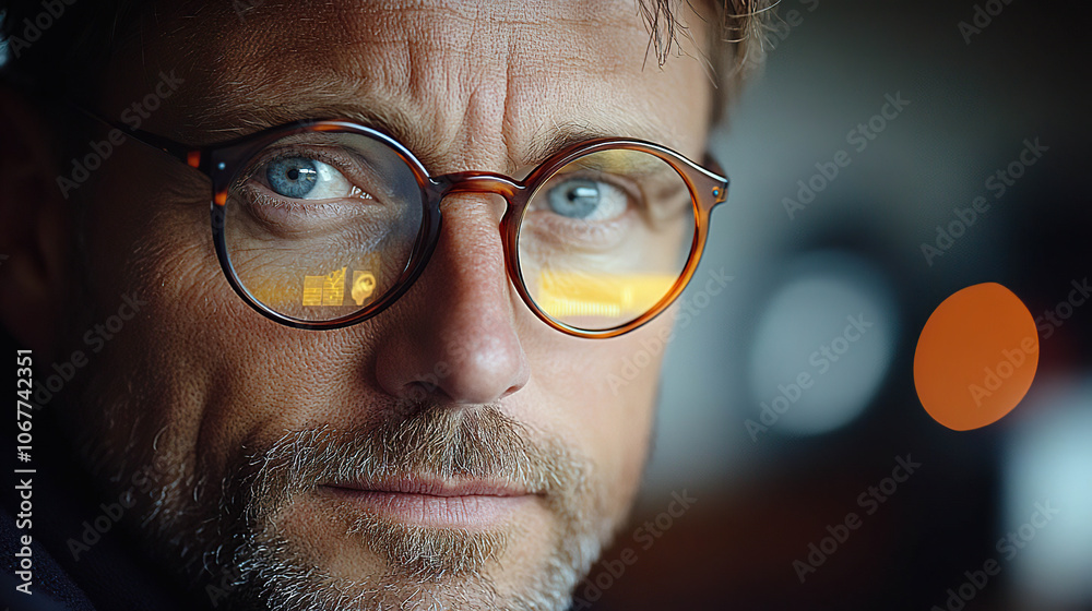 Close-up of man with glasses reflecting digital data. AI-generated Close-up of man with glasses reflecting digital data. AI-generated