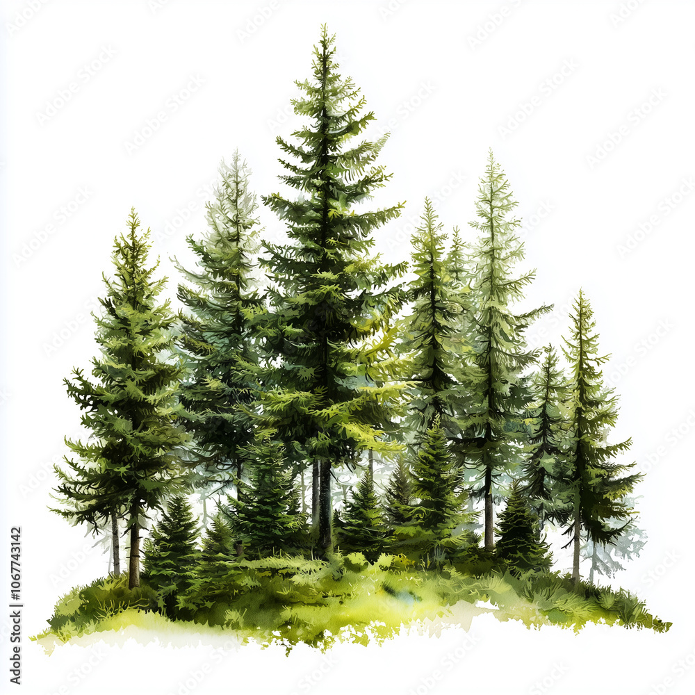Fototapeta premium Pine trees on white background. Watercolor illustration