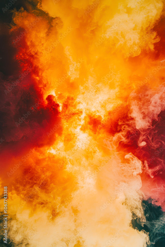 Fototapeta premium Vertical Dramatic fire and smoke effect glowing red and yellow colors exploding outwards with center space.