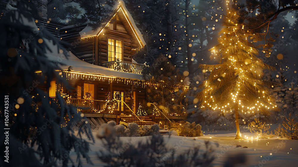 A cozy wooden house covered in snow, festive Christmas lights strung around the windows and doors, soft golden glow from the windows illuminating the snowy landscape A cozy wooden house covered in snow, festive Christmas lights strung around the windows and doors, soft golden glow from the windows illuminating the snowy landscape