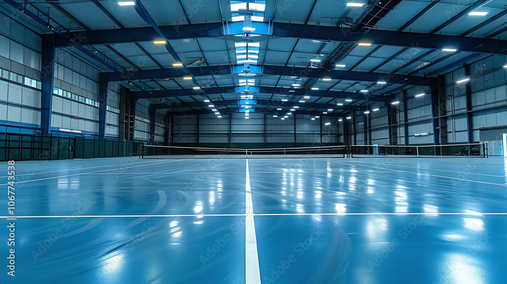 Indoor tennis court in a sports facility featuring blue flooring and bright overhead lights, designed for practice and competition, captured during daylight hours